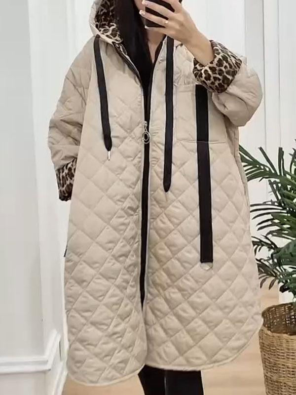 Women's Leopard Print Long Sleeve Hooded Overcoat beige