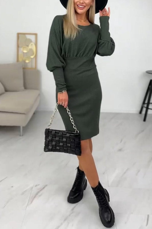 Women's Fashion Round-necked Long-sleeved Dress dark green