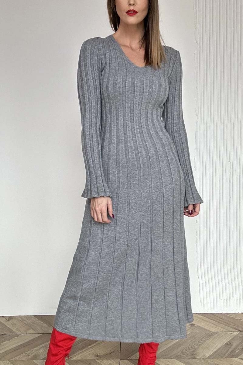 Women's simple solid color thick striped knitted dress Gray