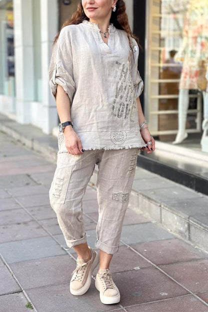 Women's casual letter printed cotton and linen top + pants set Apricot