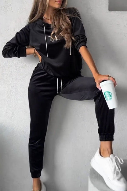 Women's Hooded Long Sleeve Sweatshirt Two Piece Set black