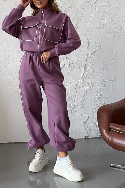 Women's Contrast Color Casual Pocket Top and Pants Two-piece Set Puple