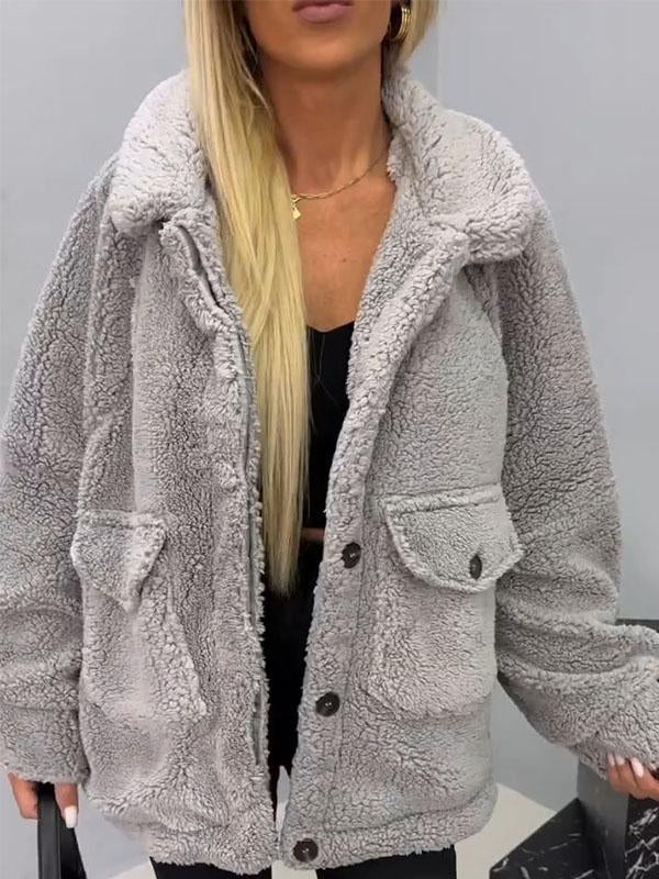 Women's Lapel Long Sleeve Plush Coat grey