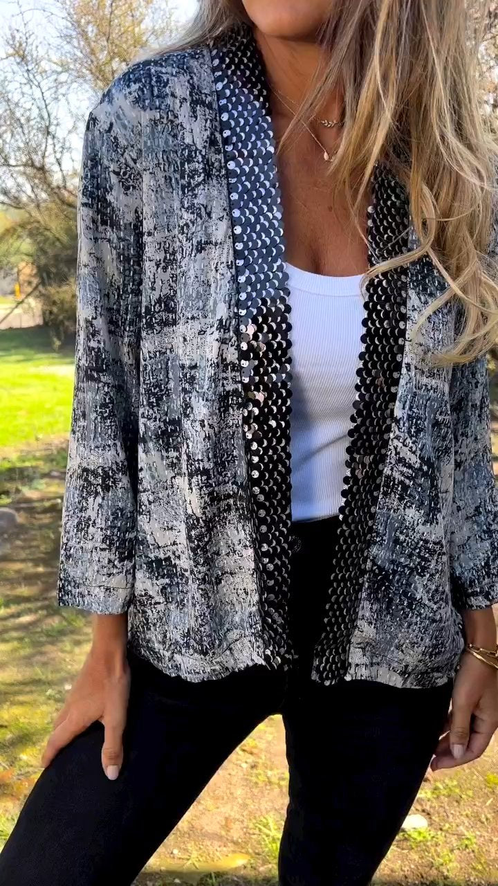 Sequin Patchwork Printed Cardigan gray