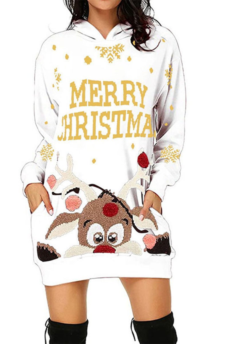 Women's Casual Christmas Printed Long Sleeve Hooded Dress white