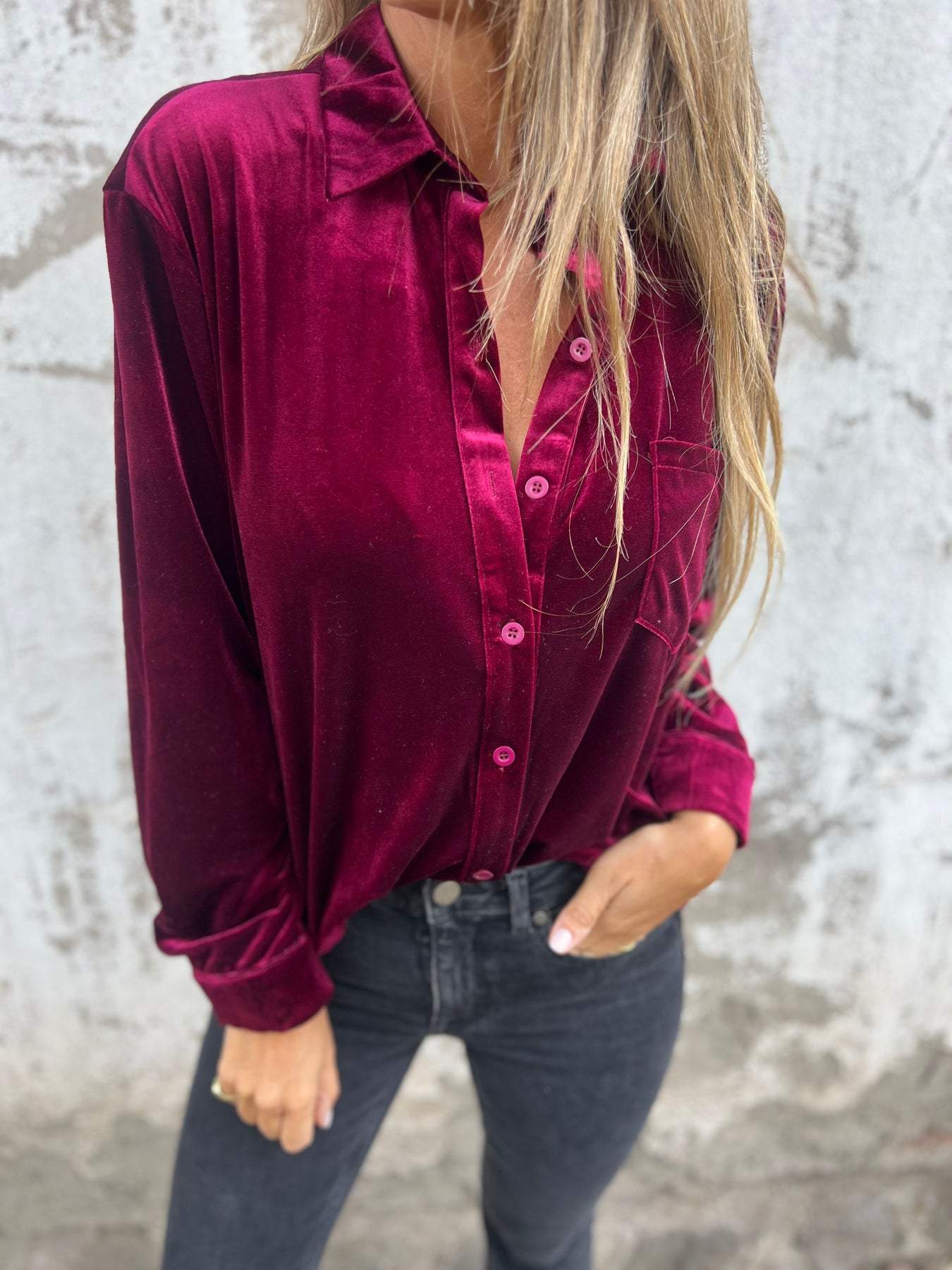 Gold Velvet Lapel Long Sleeve Casual Shirt red