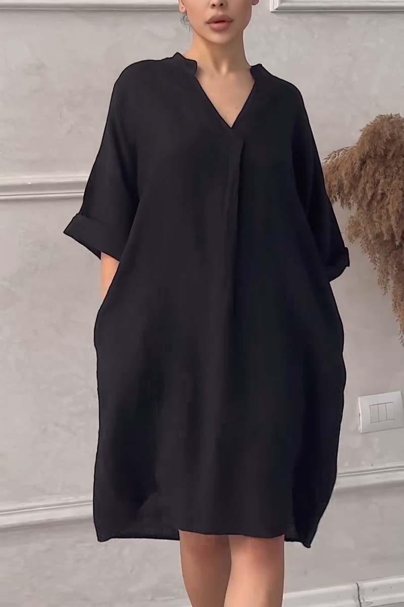 Casual cotton and linen V-neck dress Black