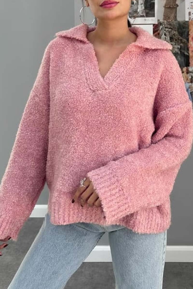 Women's Solid color lapel long sleeve sweater pink