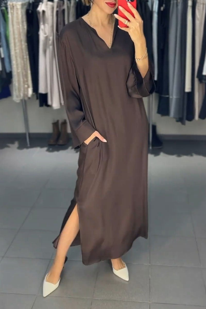 Women's Solid Color Casual Long Sleeve Dress coffee