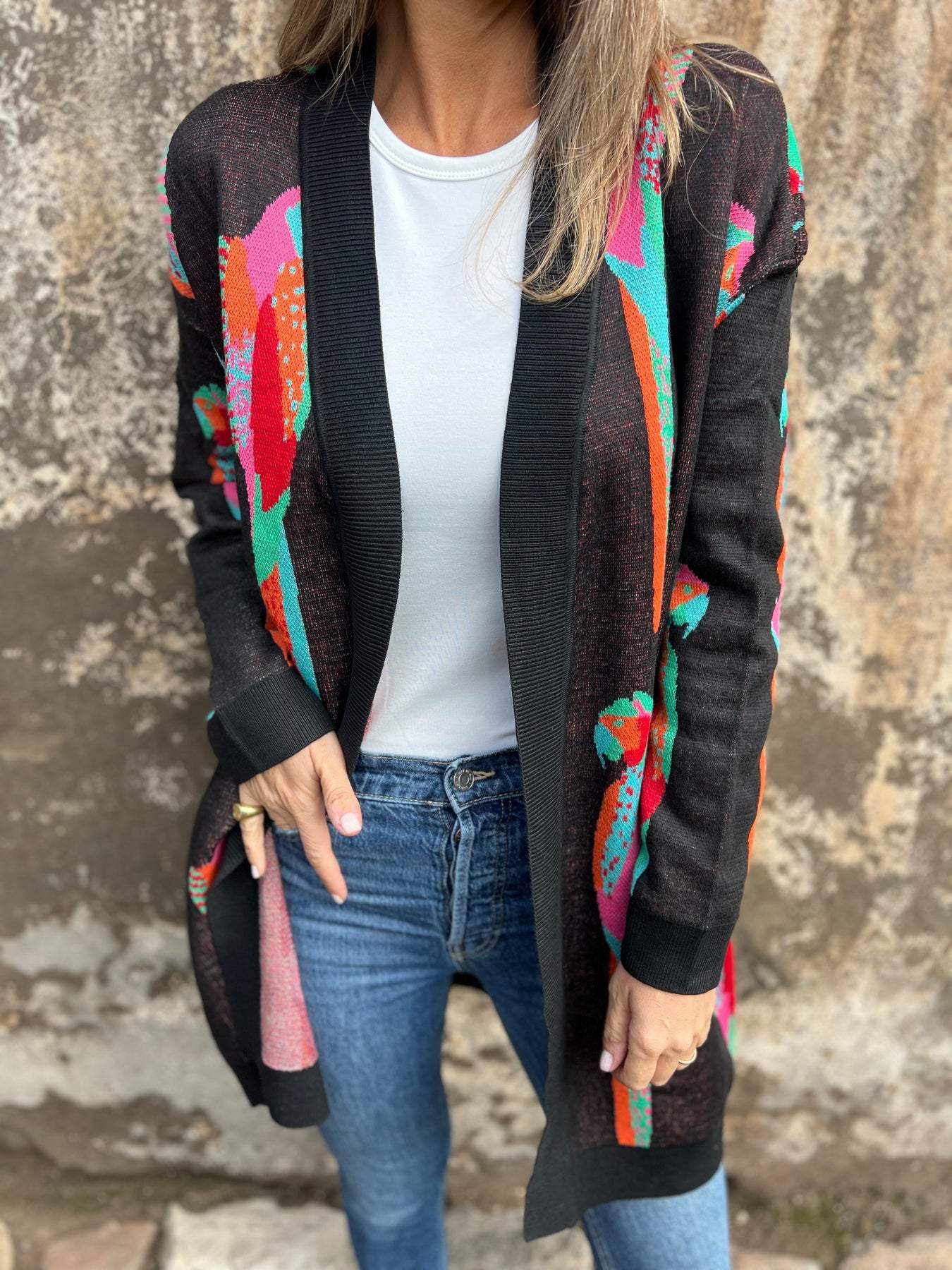 Women's V-neck Long-sleeved Knitted Printed Casual Jacket black