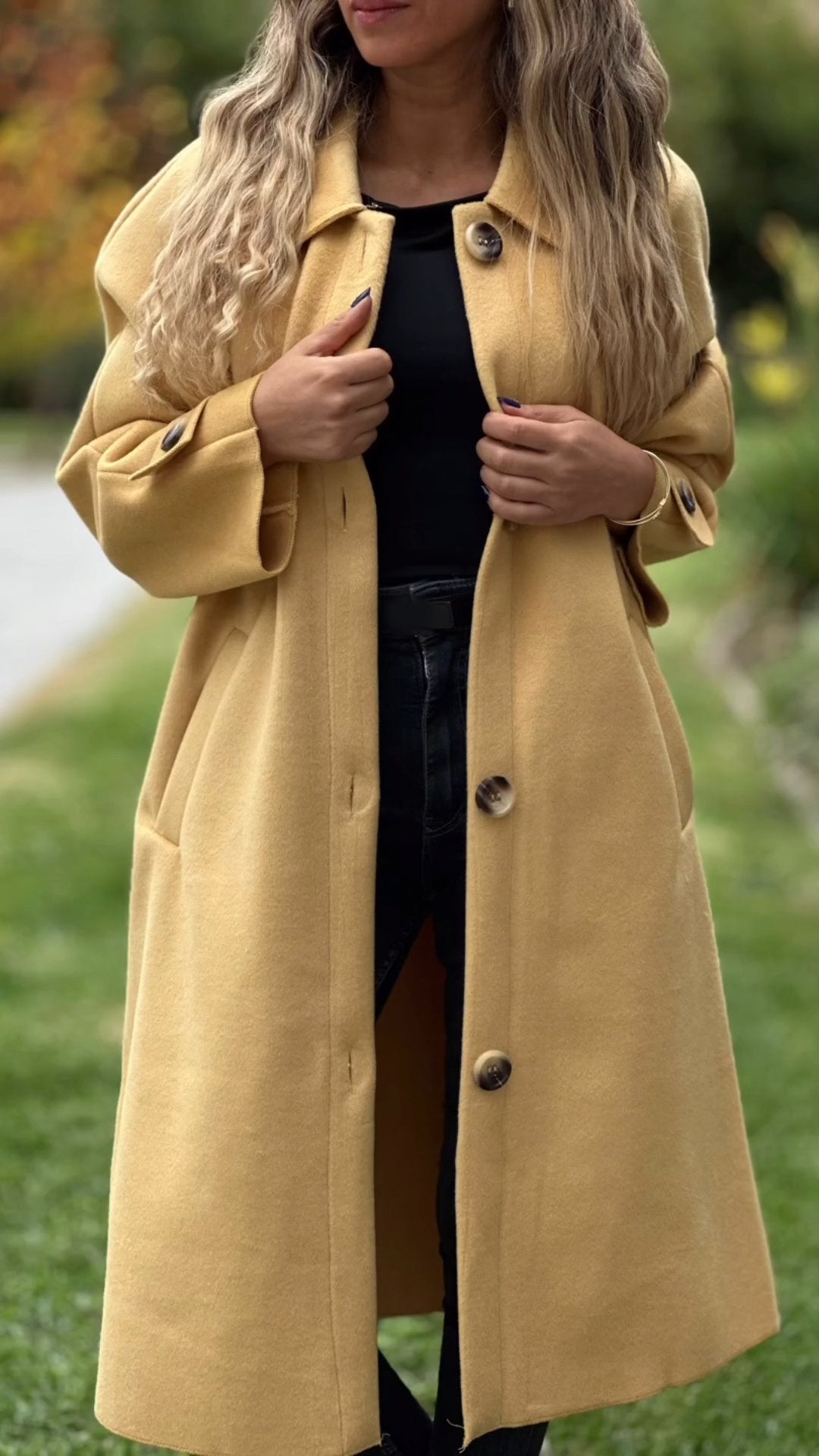 Women's Lapel Long Sleeve Casual Long Coat yellow