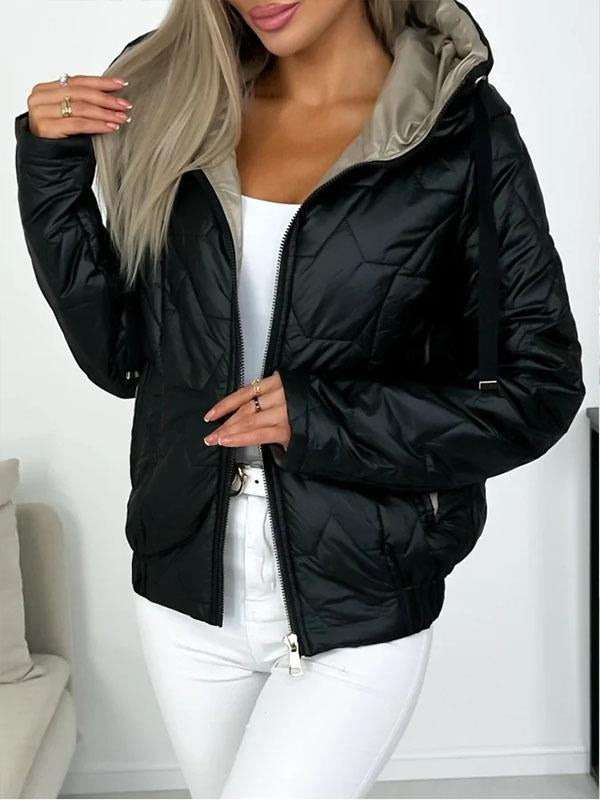 Women's Winter Multi-colored Warm Zipper Hooded Short Jacket black