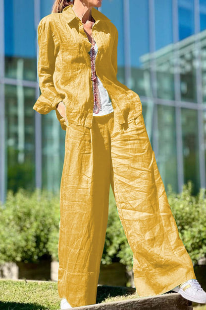 Casual solid color cotton and linen suit Yellow