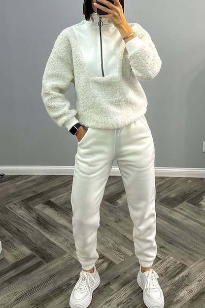 Women's casual sports stand collar sweatshirt suit White