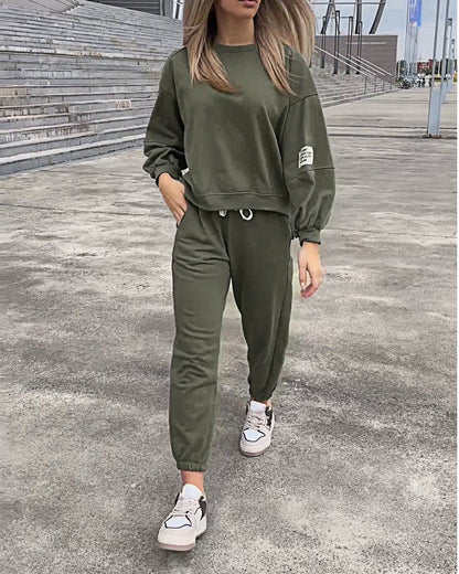 Women's Two-piece Solid Color Loose Sweatshirt Suit Green