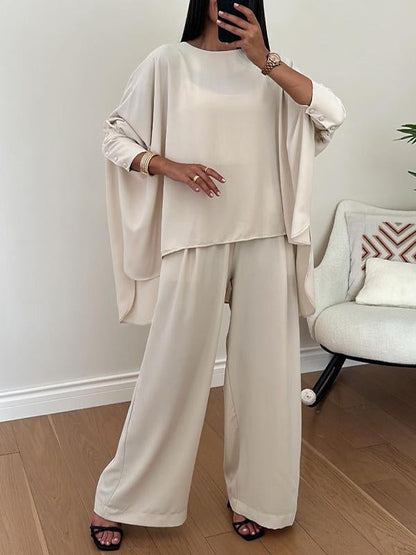 Women's Round Neck Bat Sleeve Design Loose Casual Suit beige