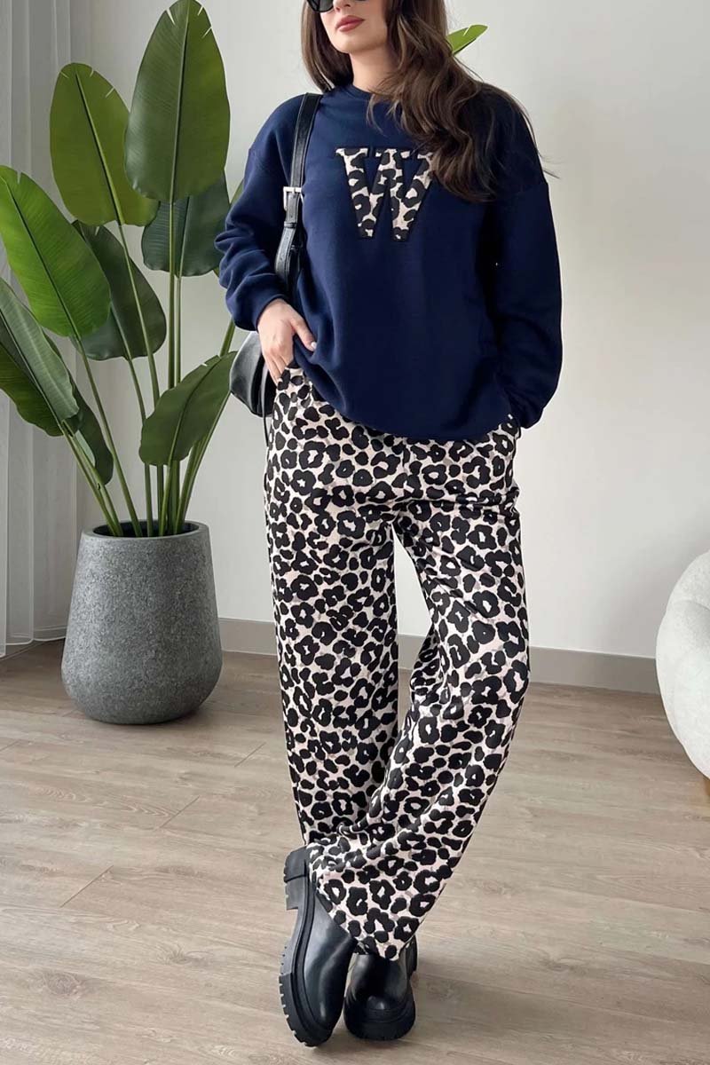 Women's Casual Leopard Print Letter Top and Leopard Print Pants Set Dark Blue