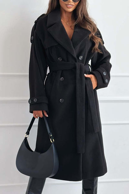 Women's Fashion Double Breasted Lace Up Coat Black