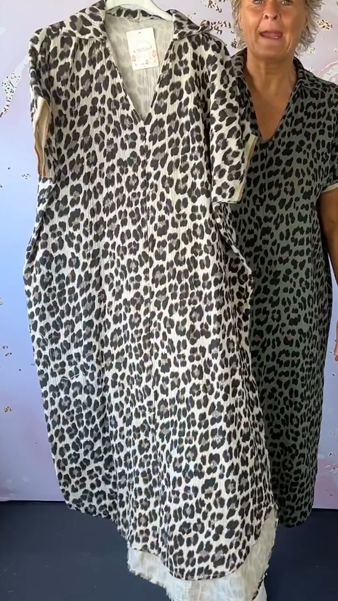 Women's V-neck Short-sleeved Leopard Print Casual Dress khaki