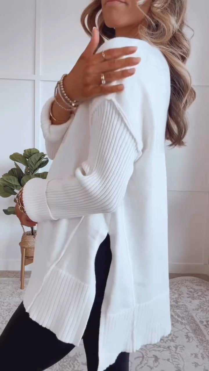 Women's V-neck Slit Knit Blouse white