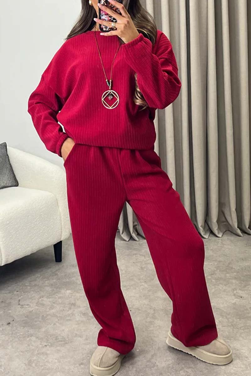 Women's casual solid color pit strip suit Wine Red