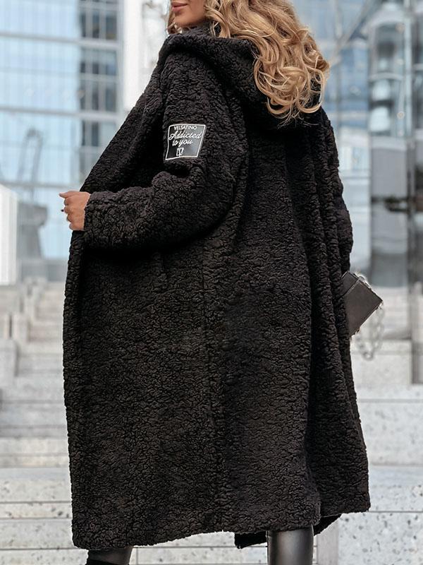 Women's Solid Color Plush Hooded Long Coat