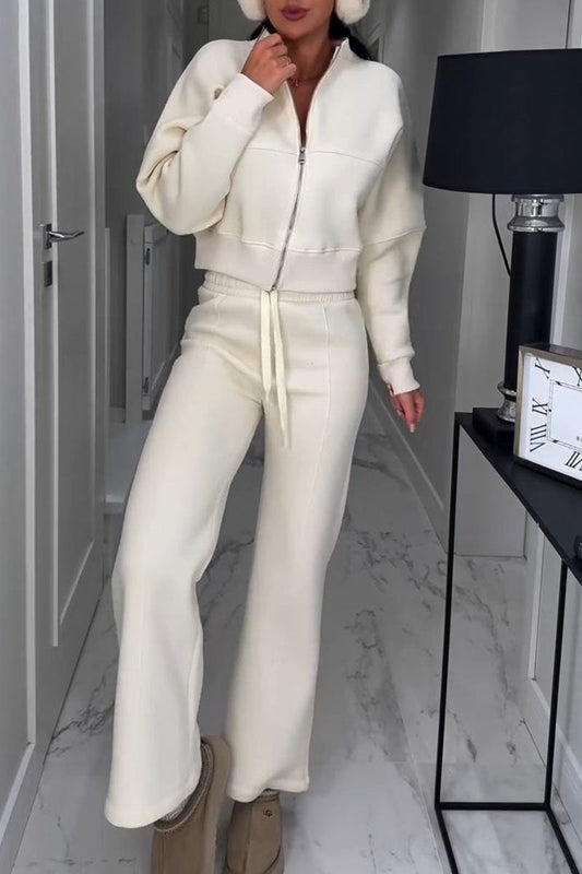 Women's Solid Color Hoodies and Trousers Set beige