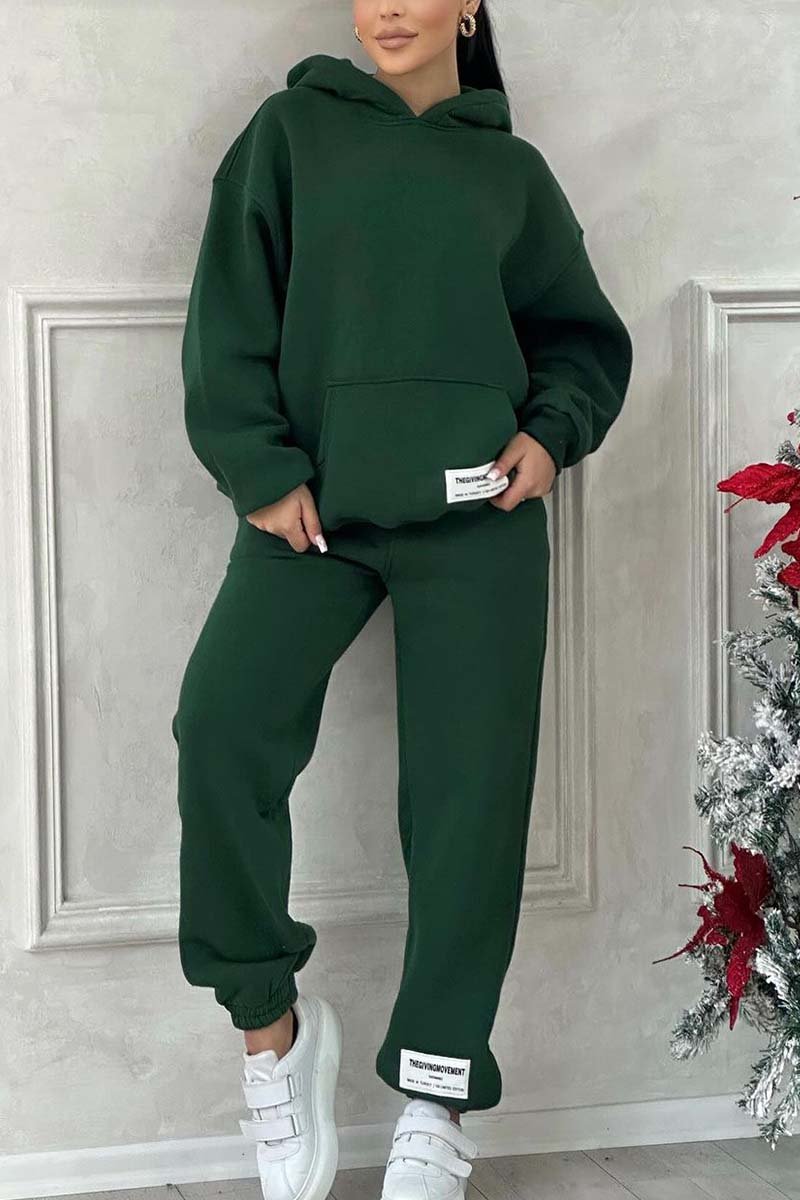 Women's Solid Color Comfort Hooded Track Suit Dark Green