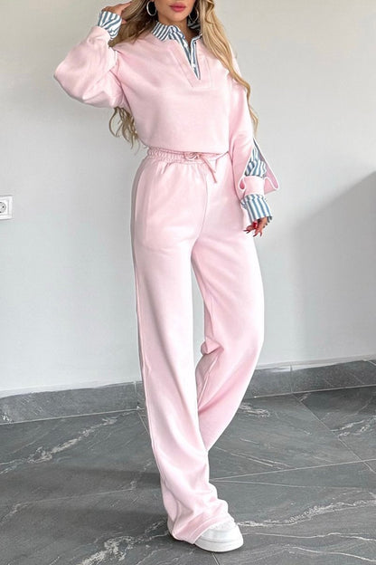 Women's Lapel Long Sleeve Short Top and Trousers Suit pink