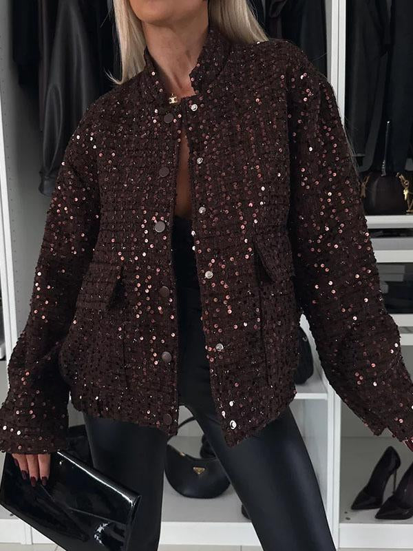 Women's Round Neck Long Sleeve Sequined Casual Coat brown