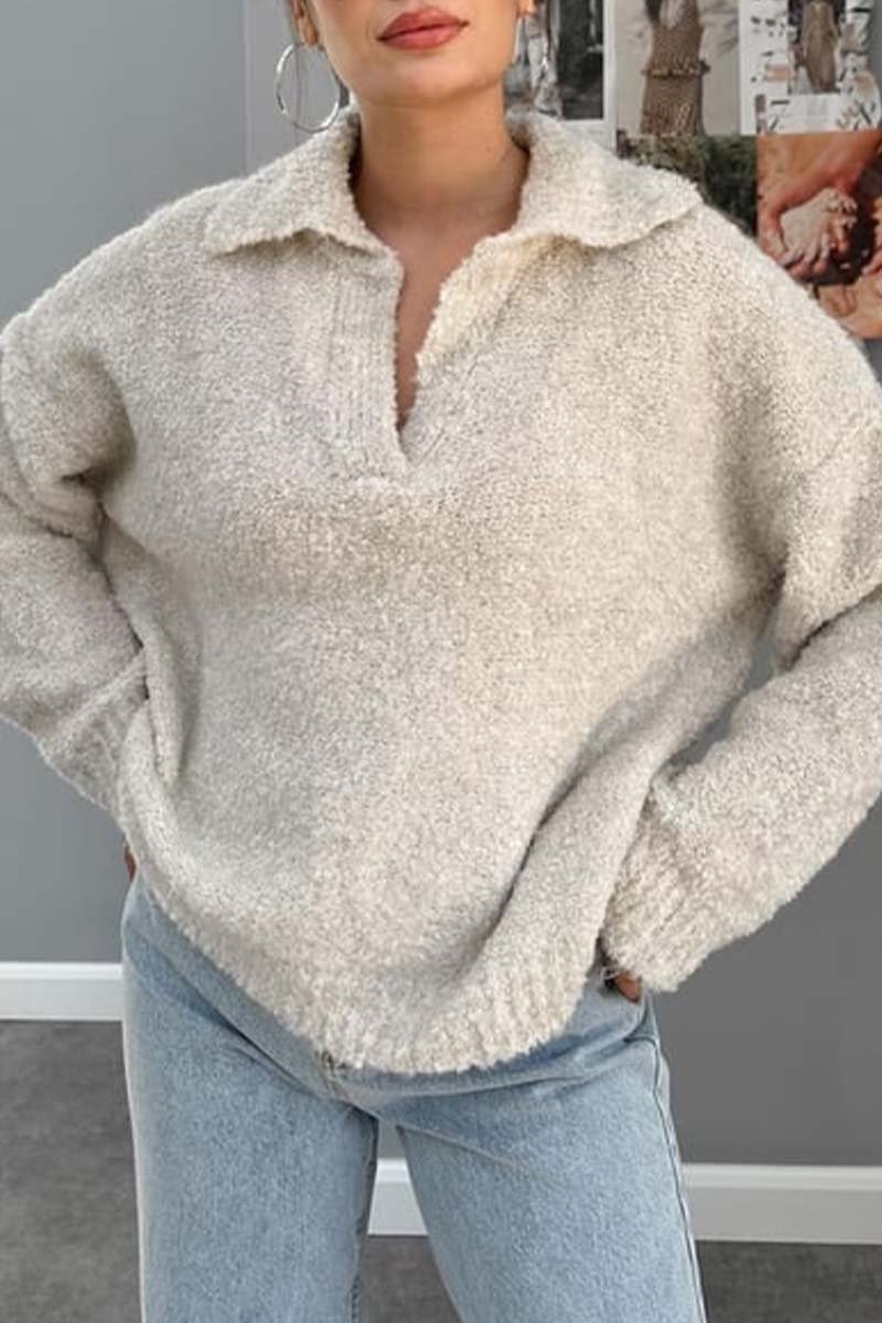 Women's Solid color lapel long sleeve sweater apricot