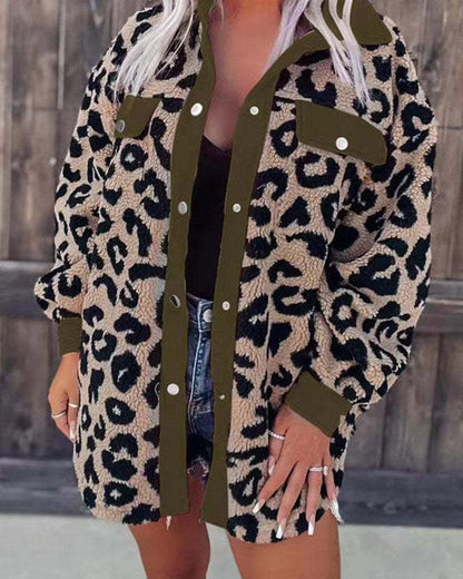 Women's Leopard Print Fur Coat Army green