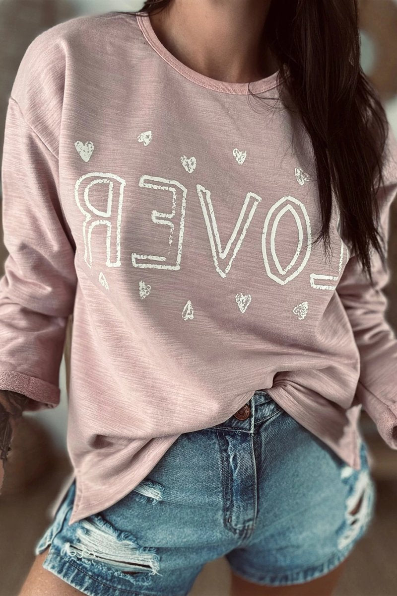 Women's Casual LOVER Printed Long-sleeved Sweatshirt Pink