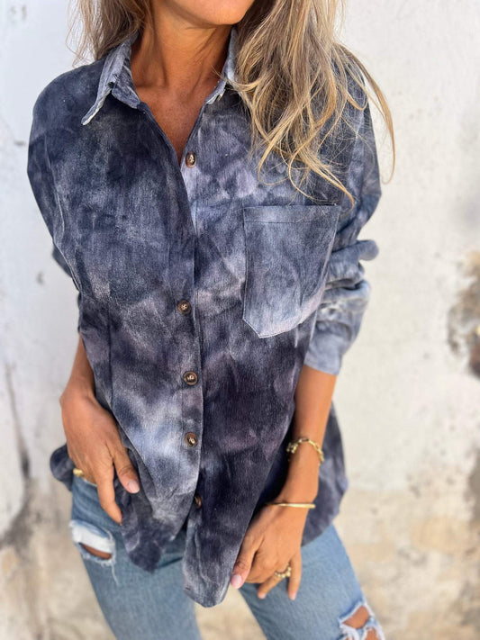 Tie-dye Lapel Casual Top dark gray