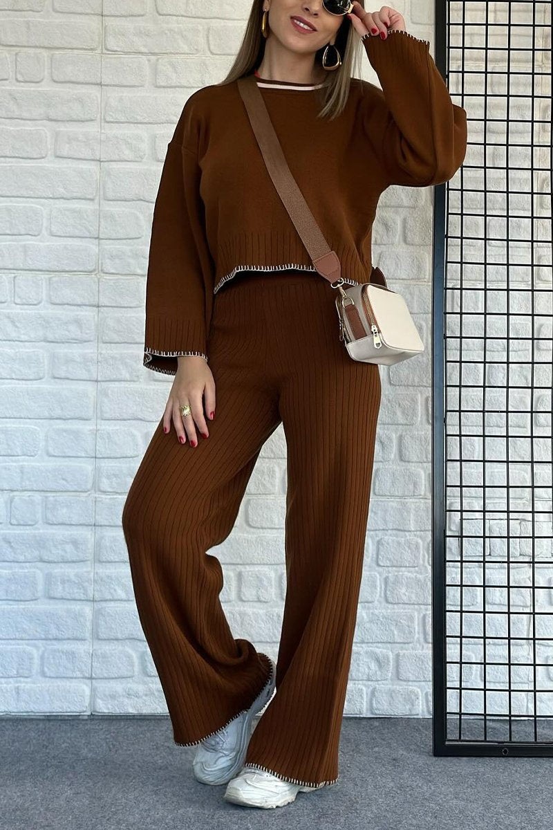 Women's Casual Round-neck Knitted Two-piece Suit brown