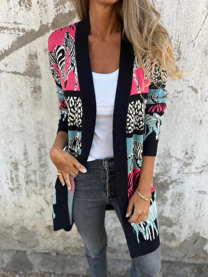 Casual Printed Cardigan Jacket Rose red