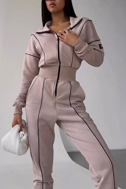 Women's Casual Lapel Half-zip Jumpsuit