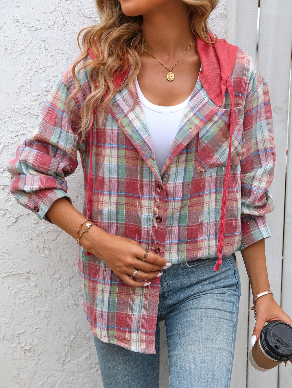 Women's Loose Plaid Casual Hooded Shirt Red