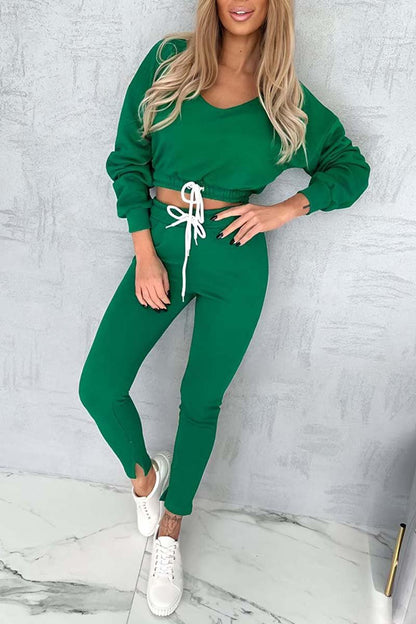 Women's Casual Drawstring Cropped Sweatshirt Set