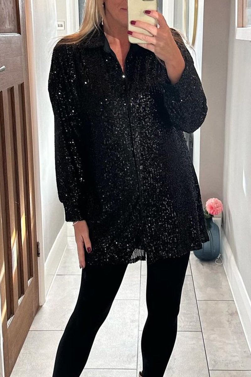 Women's Lapel Single Breasted Sequin Party Shirt black