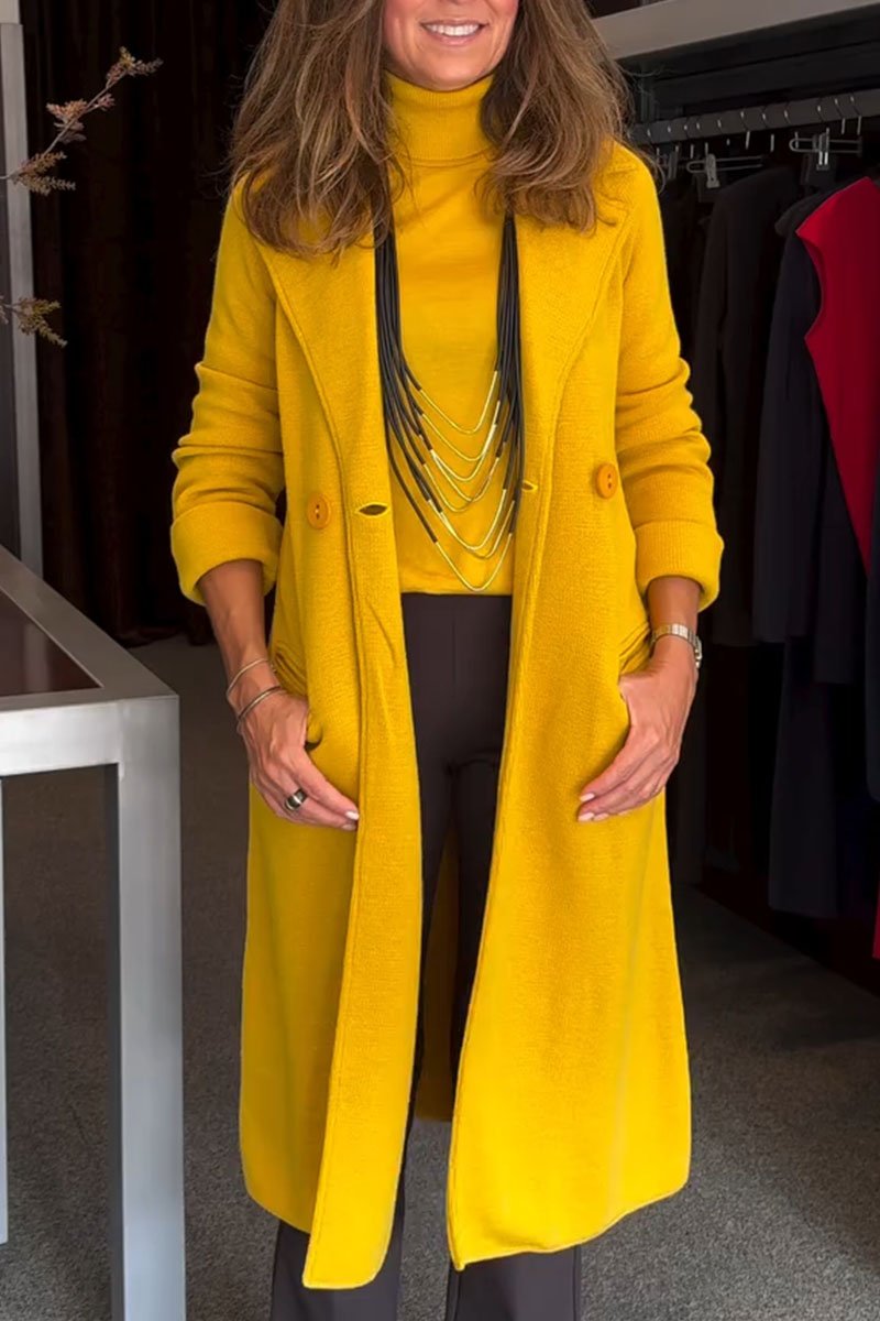 Ladies Casual Solid Color Long Coat yellow