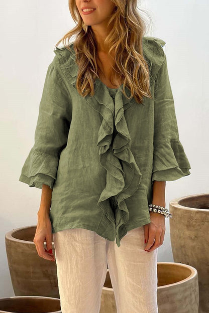 Women's casual ruffle collar cotton and linen tops Green