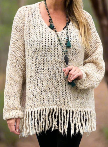 Women's Casual Fringed Knitted Pullover Sweater beige