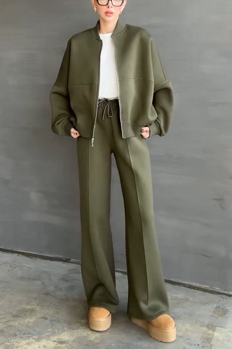 Women's Casual Solid Color Zipper Two Piece Suit green