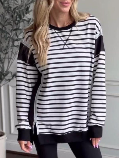 Women's Crew Neck Striped Contrast Top Black