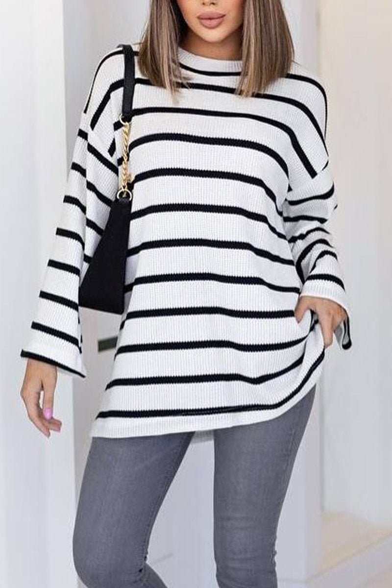 Women's Casual Round Neck Striped T-shirt white