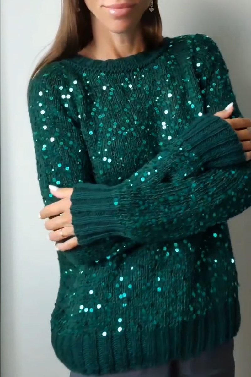 Women's round neck loose fashion sequined woolen top Green