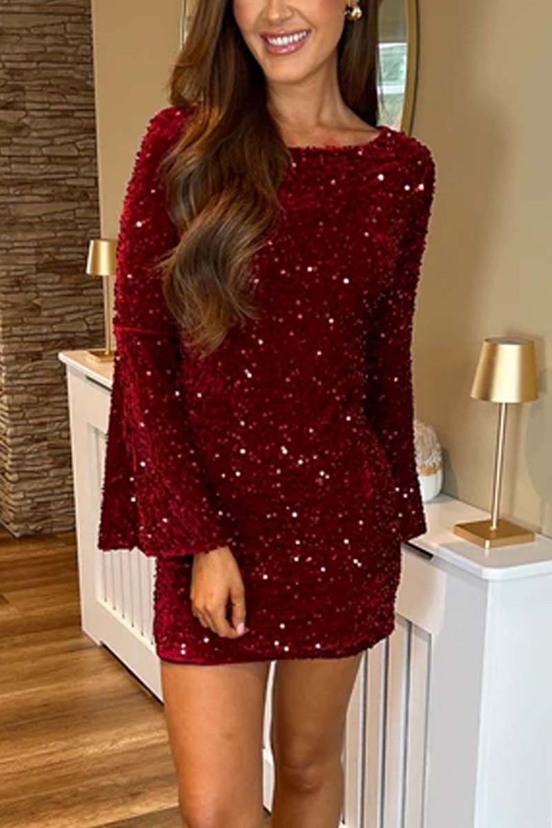 Women's Fashionable Sequin Bell Sleeve Dress Wine Red