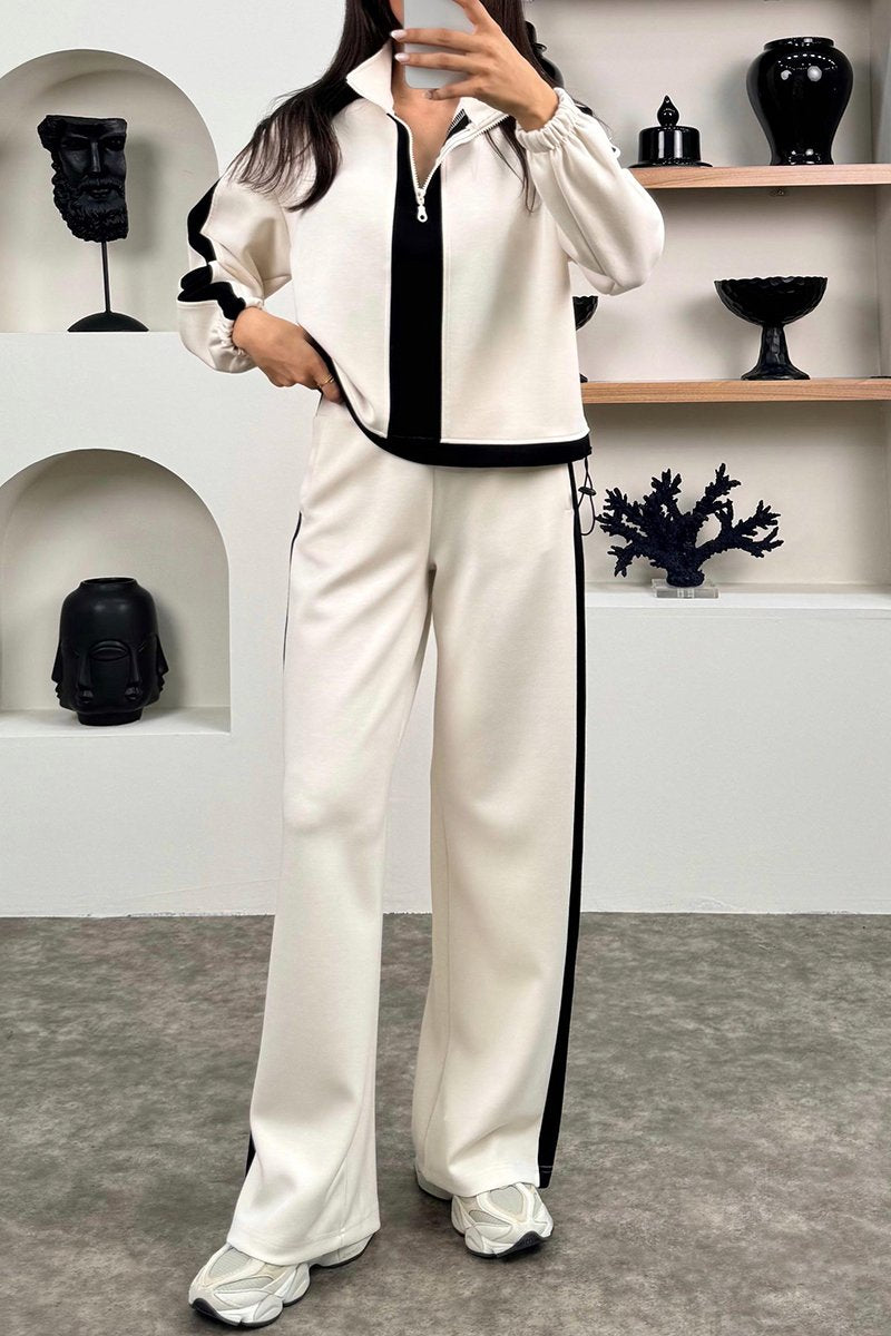 Women's Casual Contrast Color Zip Pants Suit