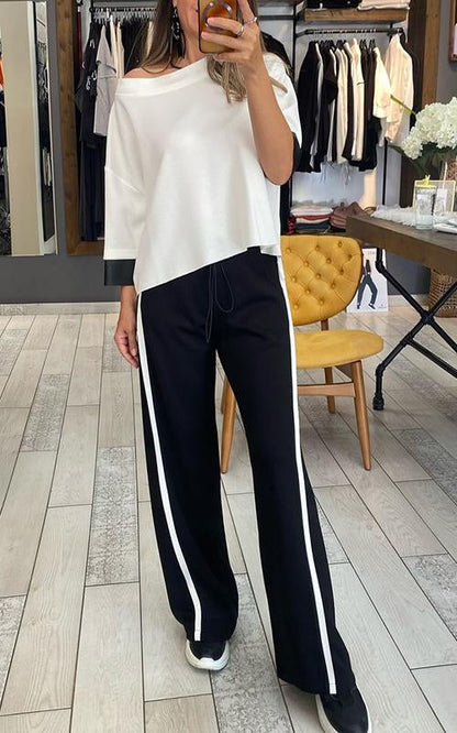 Women's Lapel Sleeve Striped Design Casual Suit black